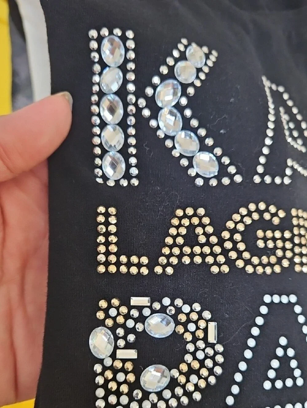 Karl Lagerfeld Black Short Sleeve Tee with Rhinestone and Gold Logo Detail - Picture 5 of 5